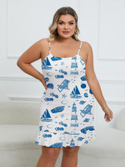  Boho Loungewear Dress - Beach Print Ruffle Trim Sleep Dress