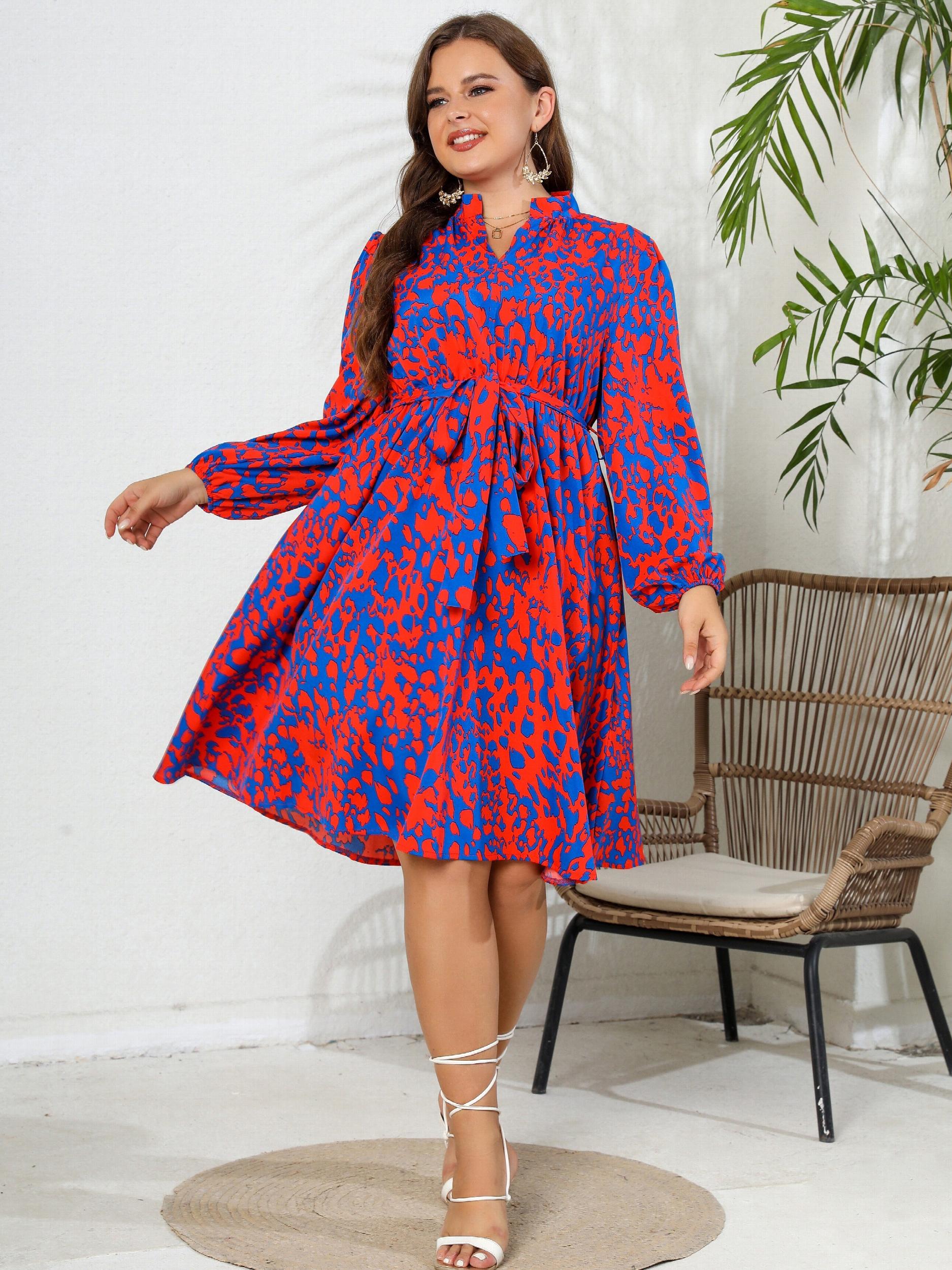  Leopard Print Lantern Sleeve A Line Dress With Belt