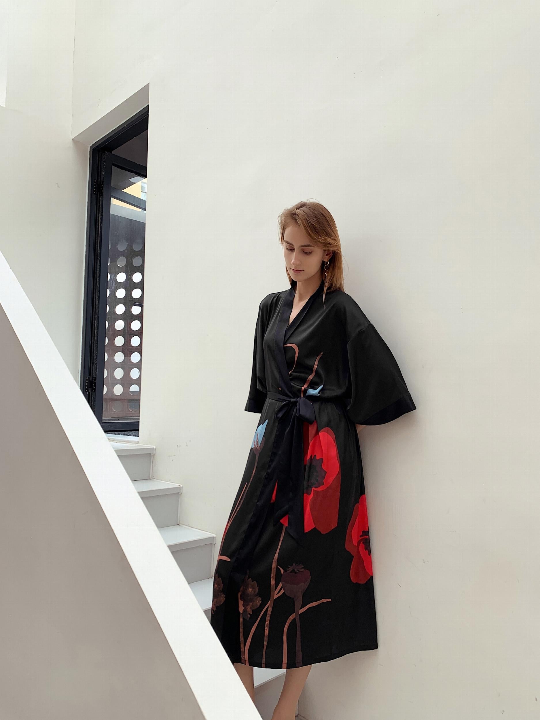  Satin Floral Print Robe, 3/4 Sleeve Loungewear