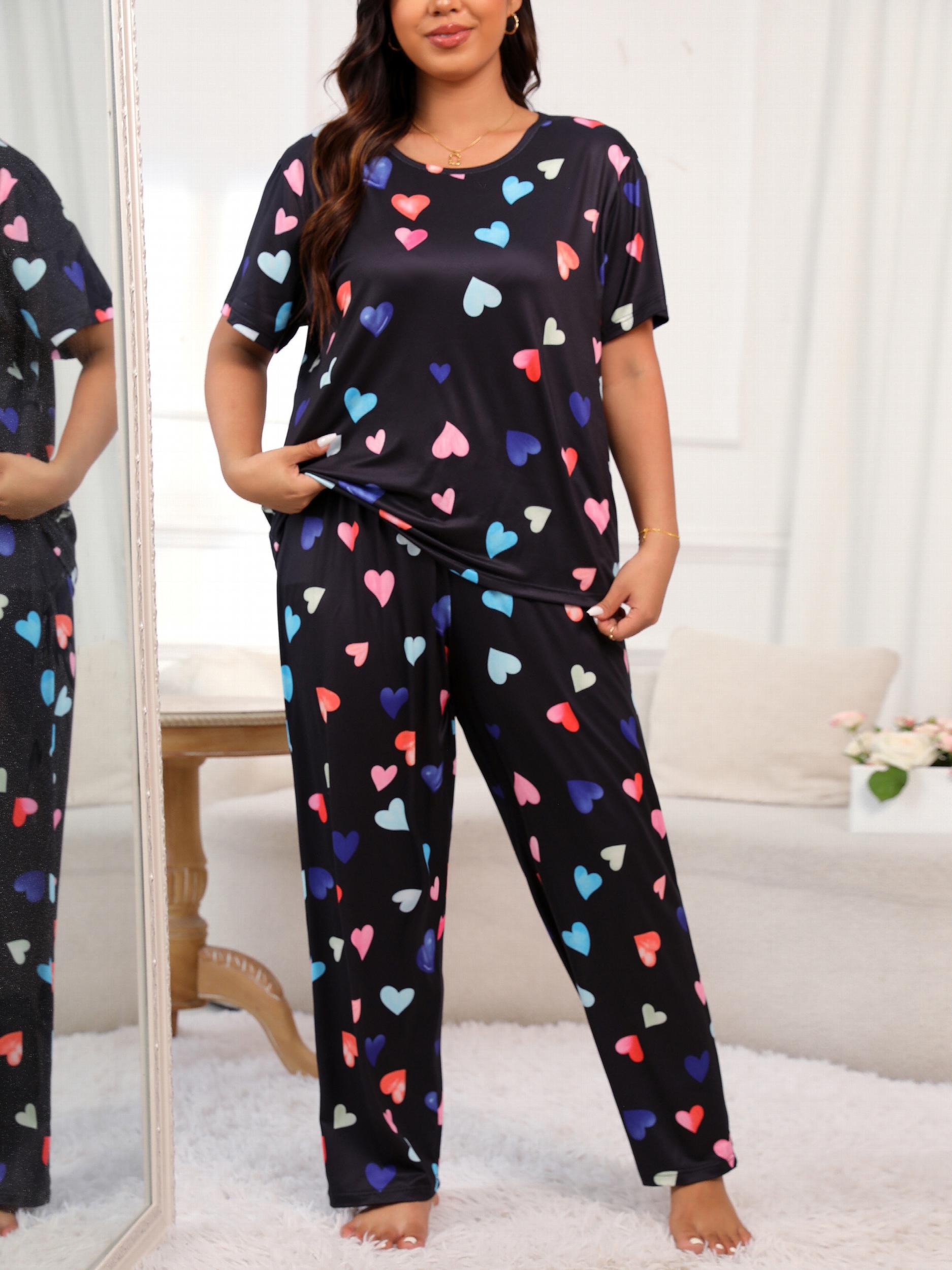  Heart Print Pajamas Set Short Sleeve Tee & Pants Loungewear