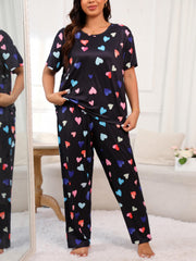  Heart Print Pajamas Set Short Sleeve Tee & Pants Loungewear