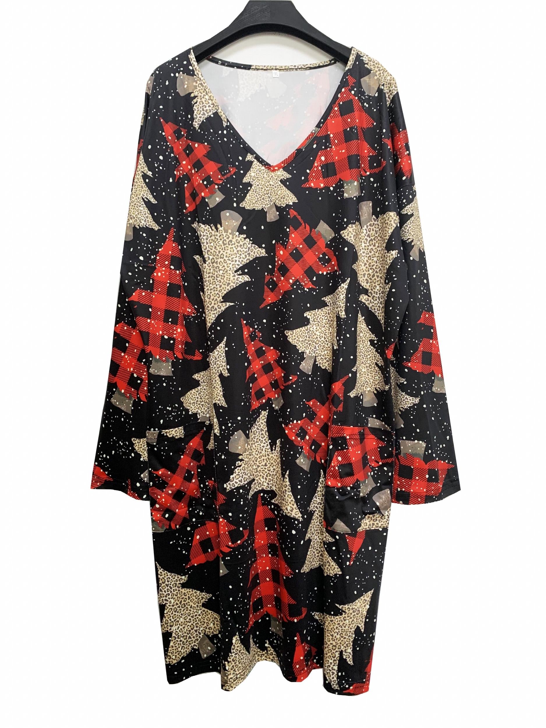 Women's Plus Christmas Tree Print Long Sleeve V Neck Dress