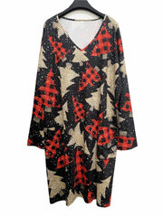 Women's Plus Christmas Tree Print Long Sleeve V Neck Dress