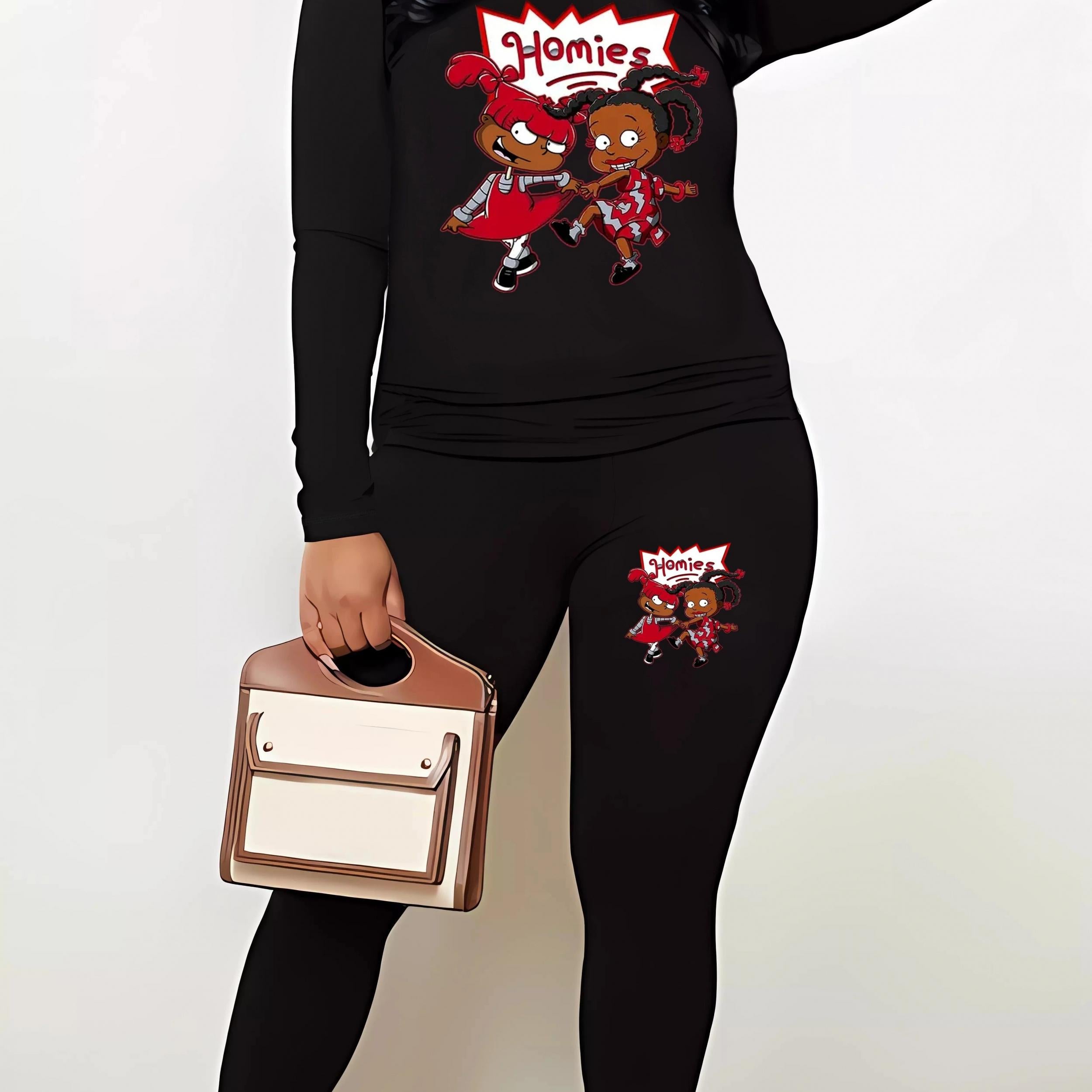  Cartoon Print Two Piece Set Women's Casual Outfit