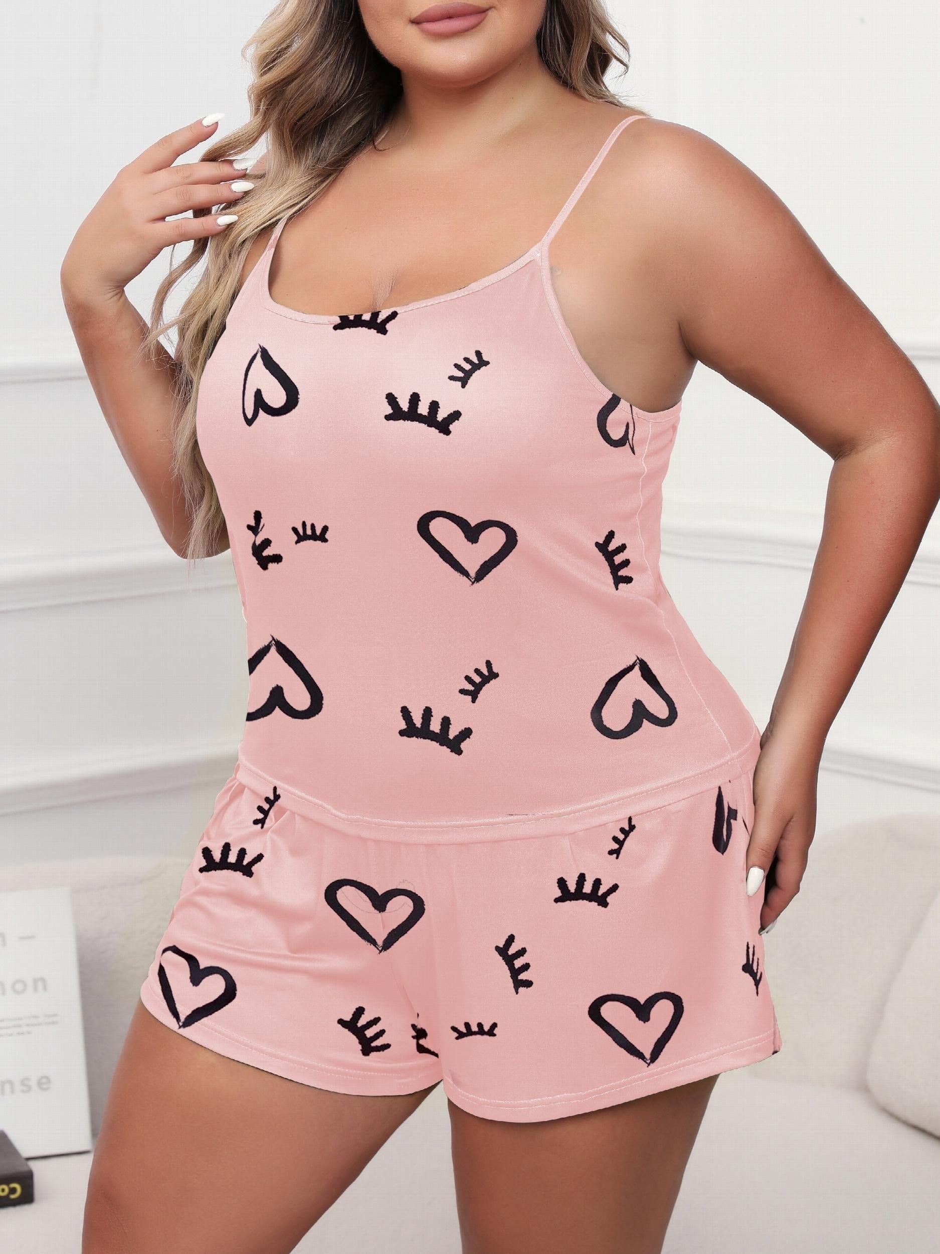  Pajama Set - Eyelash & Heart Print Cami Top & Shorts