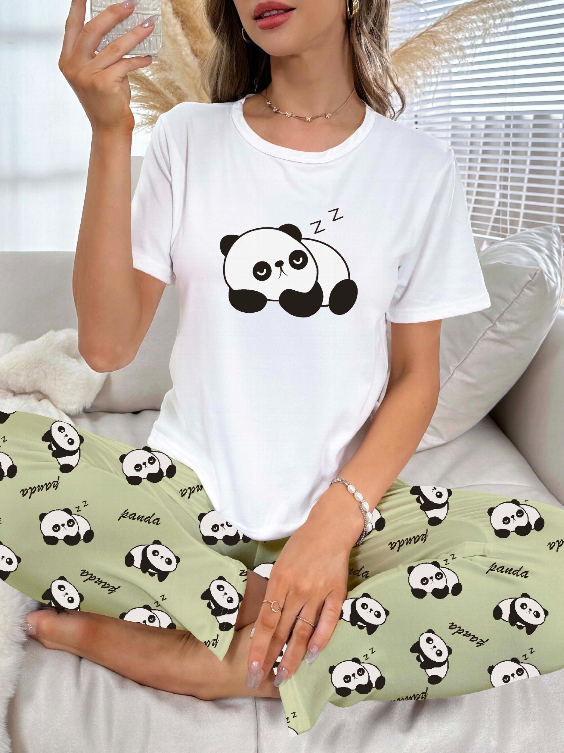 Cartoon Print Pajama Set & Crew Neck Top & Lounge Pants Women's Sleepwear