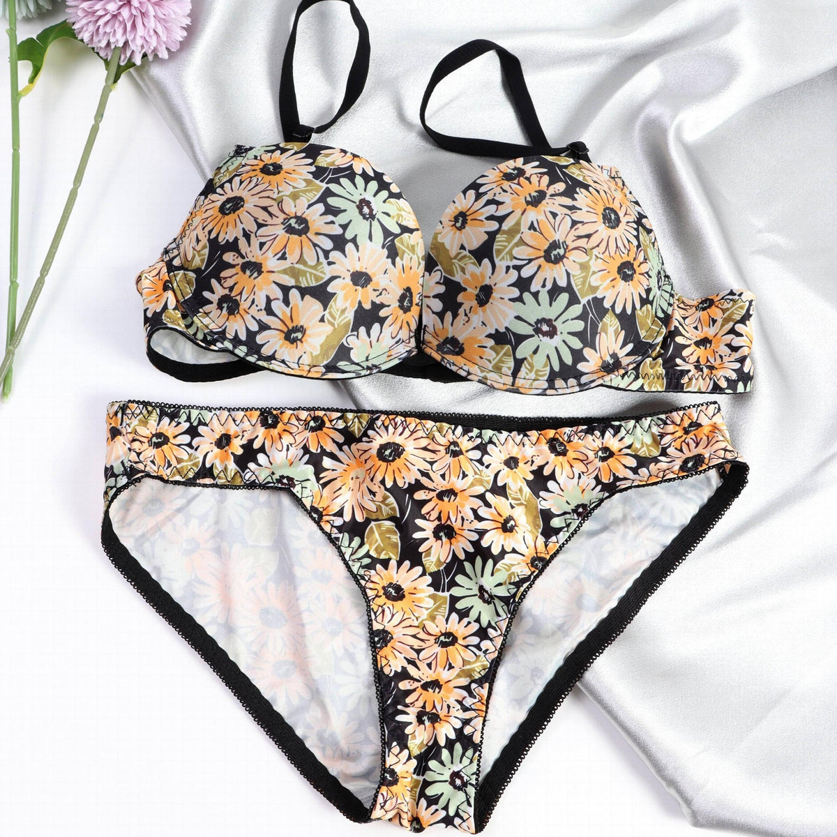Floral Print Push-Up Bra & Bikini Panties Set