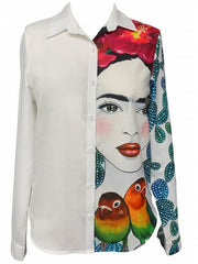  Women's Cartoon Print Colorblock Long Sleeve Blouse