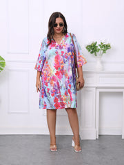 Floral Print Half Sleeve Tee Dress With Pockets