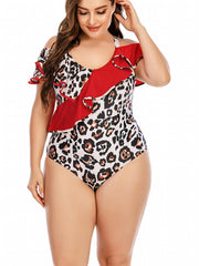  Leopard Print Ruffle One Piece Swimsuit