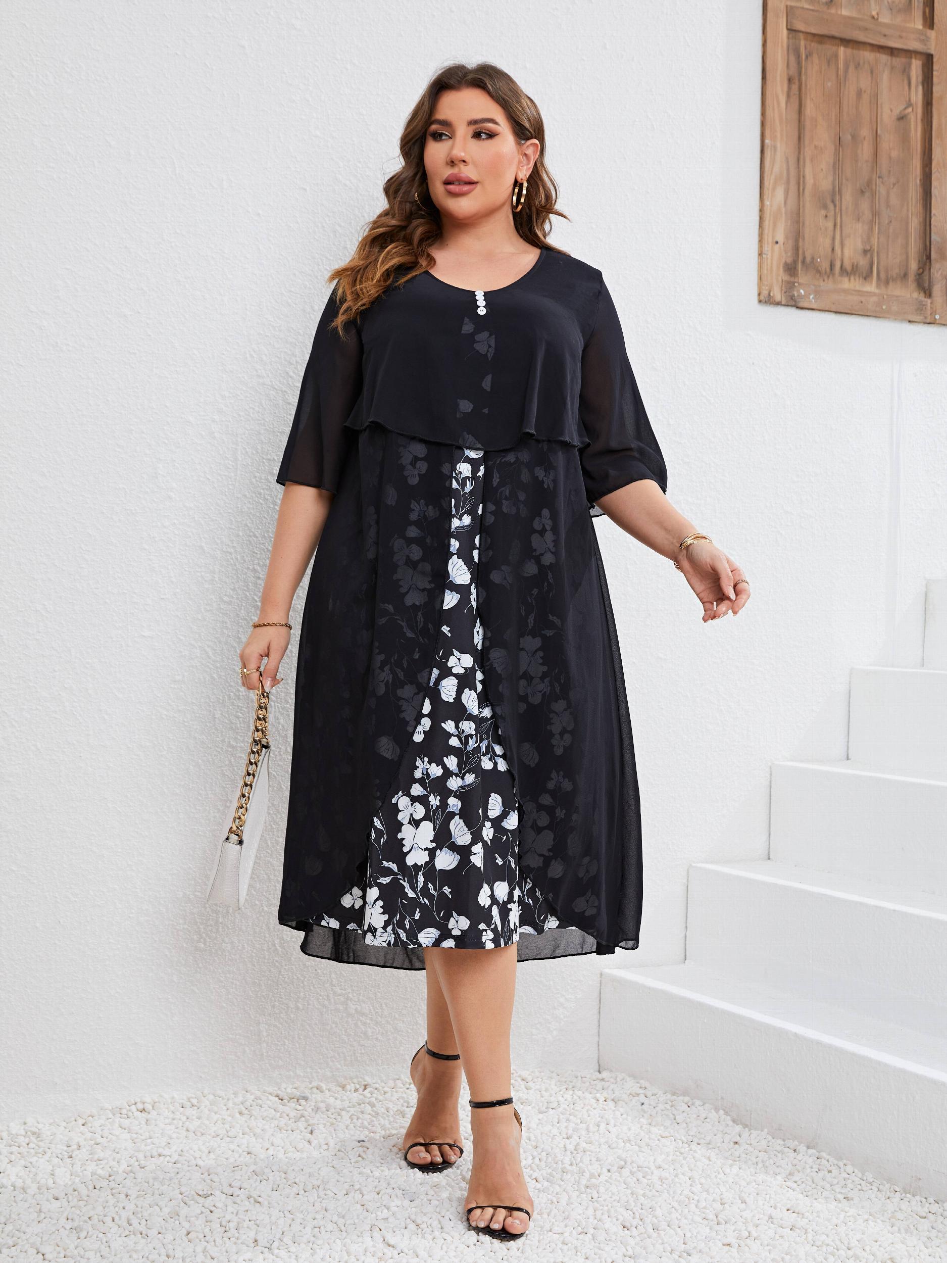 Women's Floral Print Layered Sleeve Dress
