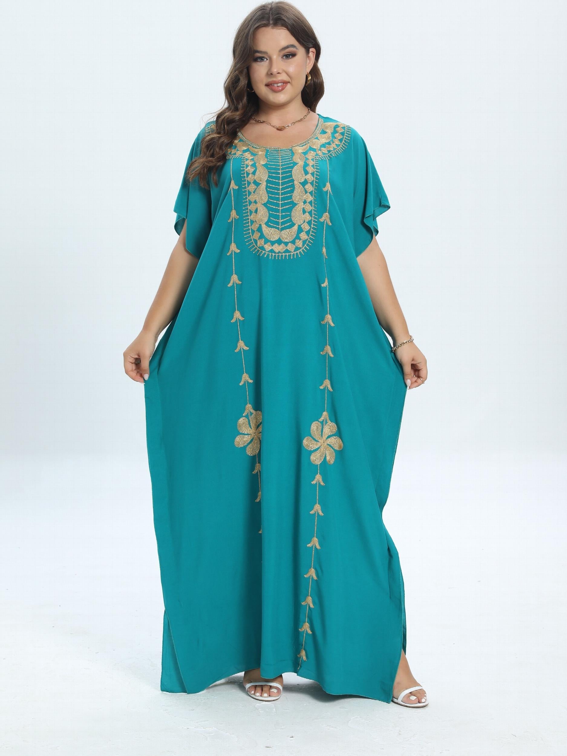  Casual Kaftan Dress Women's Plus Colorblock Floral Embroidery Maxi Dre