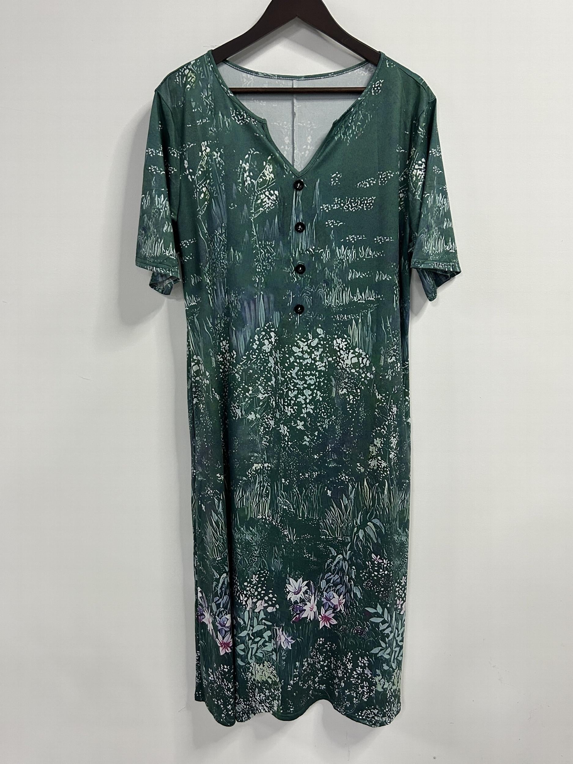 Women's Plus Floral Print Button Decor Short Sleeve Notched Neck Dress