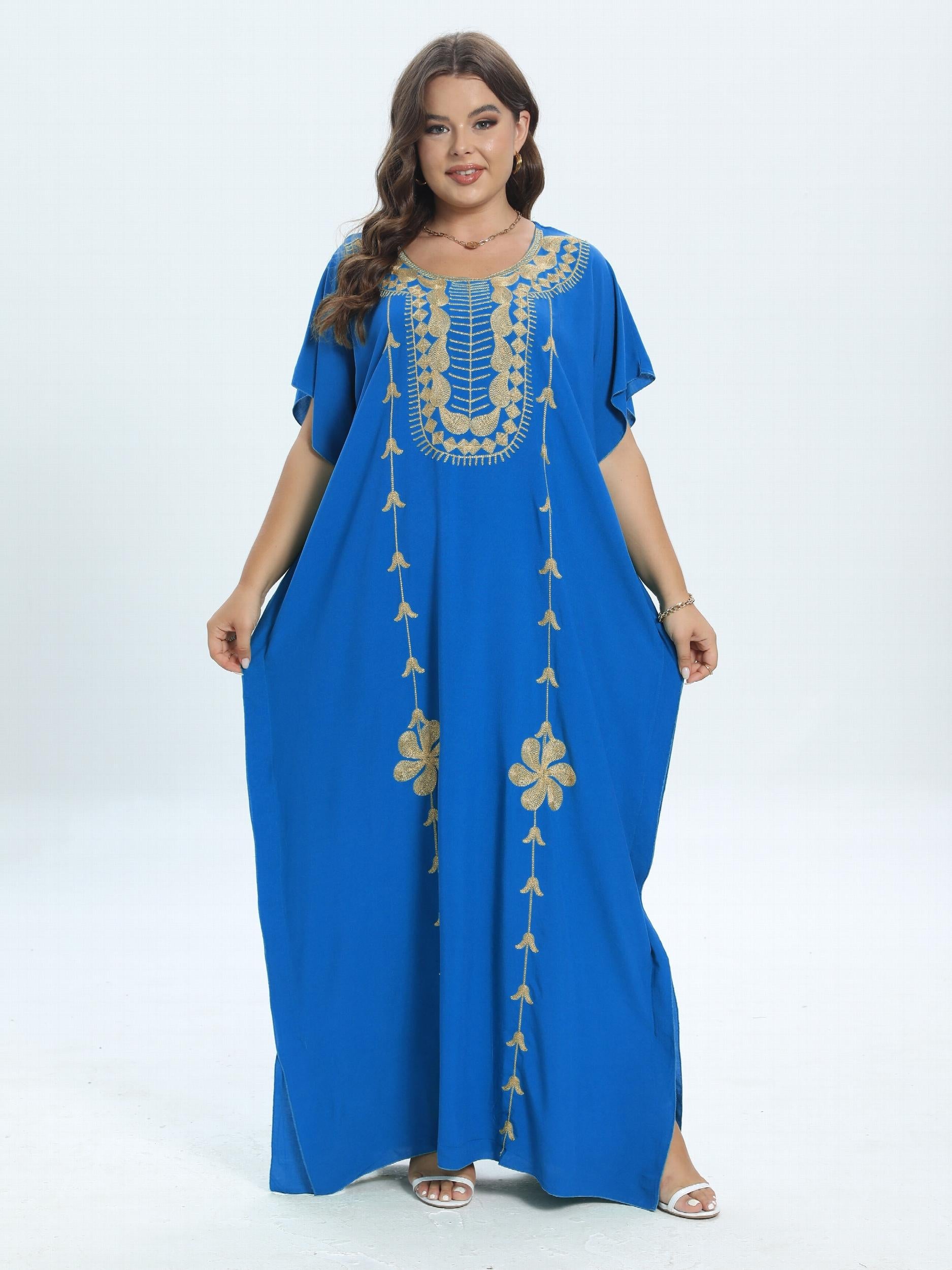  Casual Kaftan Dress Women's Plus Colorblock Floral Embroidery Maxi Dre