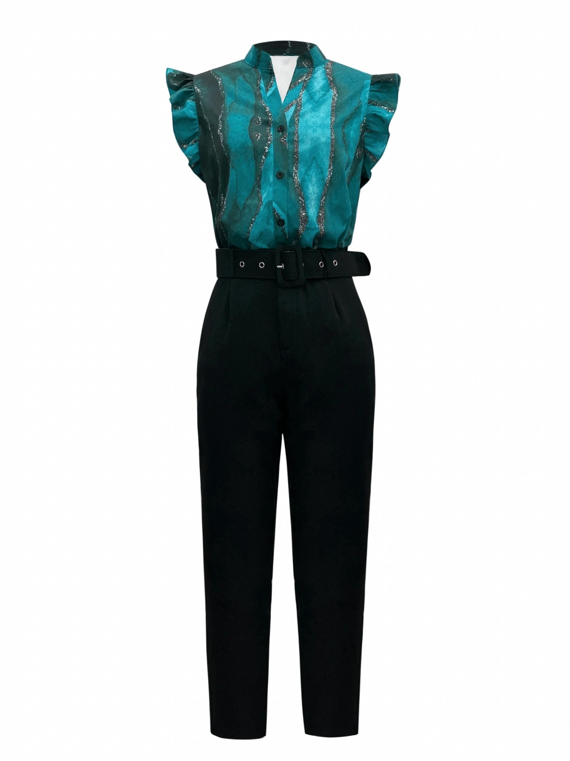 Marble Print Ruffle Trim Top & Solid Tucked Pants Set