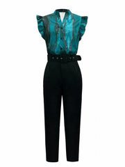 Marble Print Ruffle Trim Top & Solid Tucked Pants Set