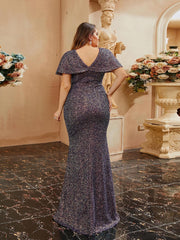  Mermaid Bridesmaid Dress V Neck Cap Sleeve Sequin Shinny Floor Length