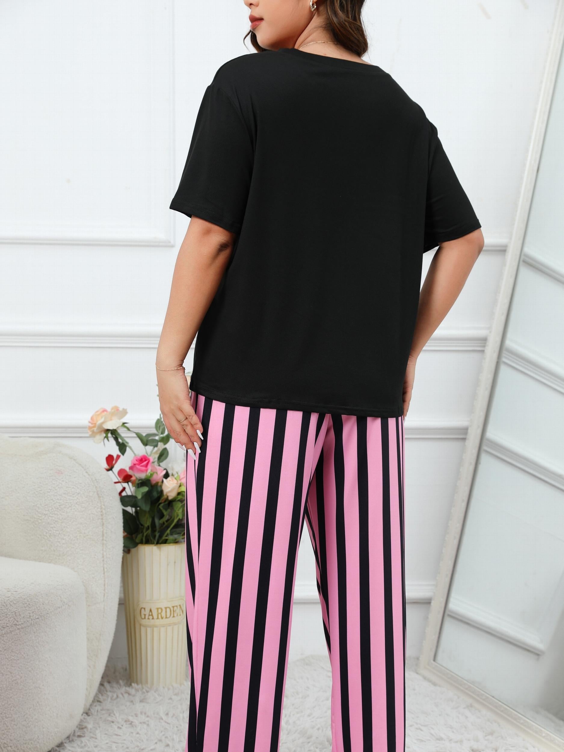  Cat Print Tee & Striped Pants Lounge Set