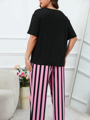  Cat Print Tee & Striped Pants Lounge Set