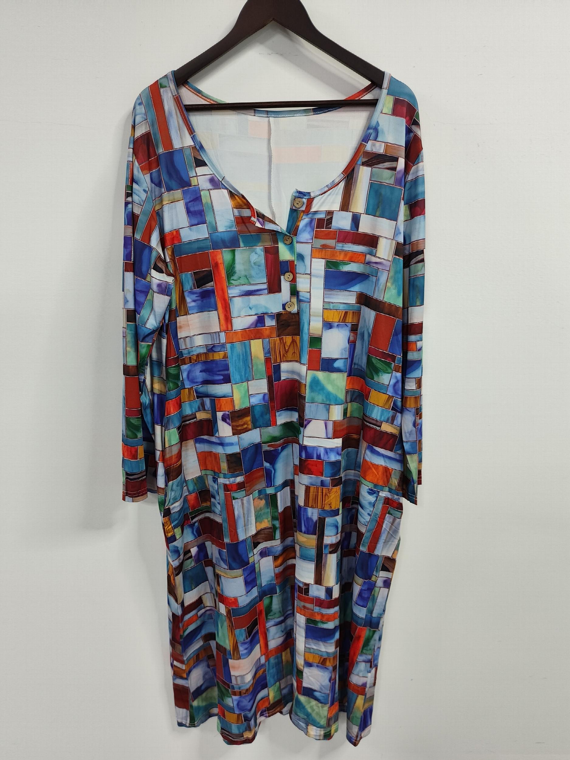  Patchwork Print Button Up V Neck Dress