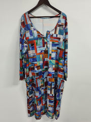  Patchwork Print Button Up V Neck Dress
