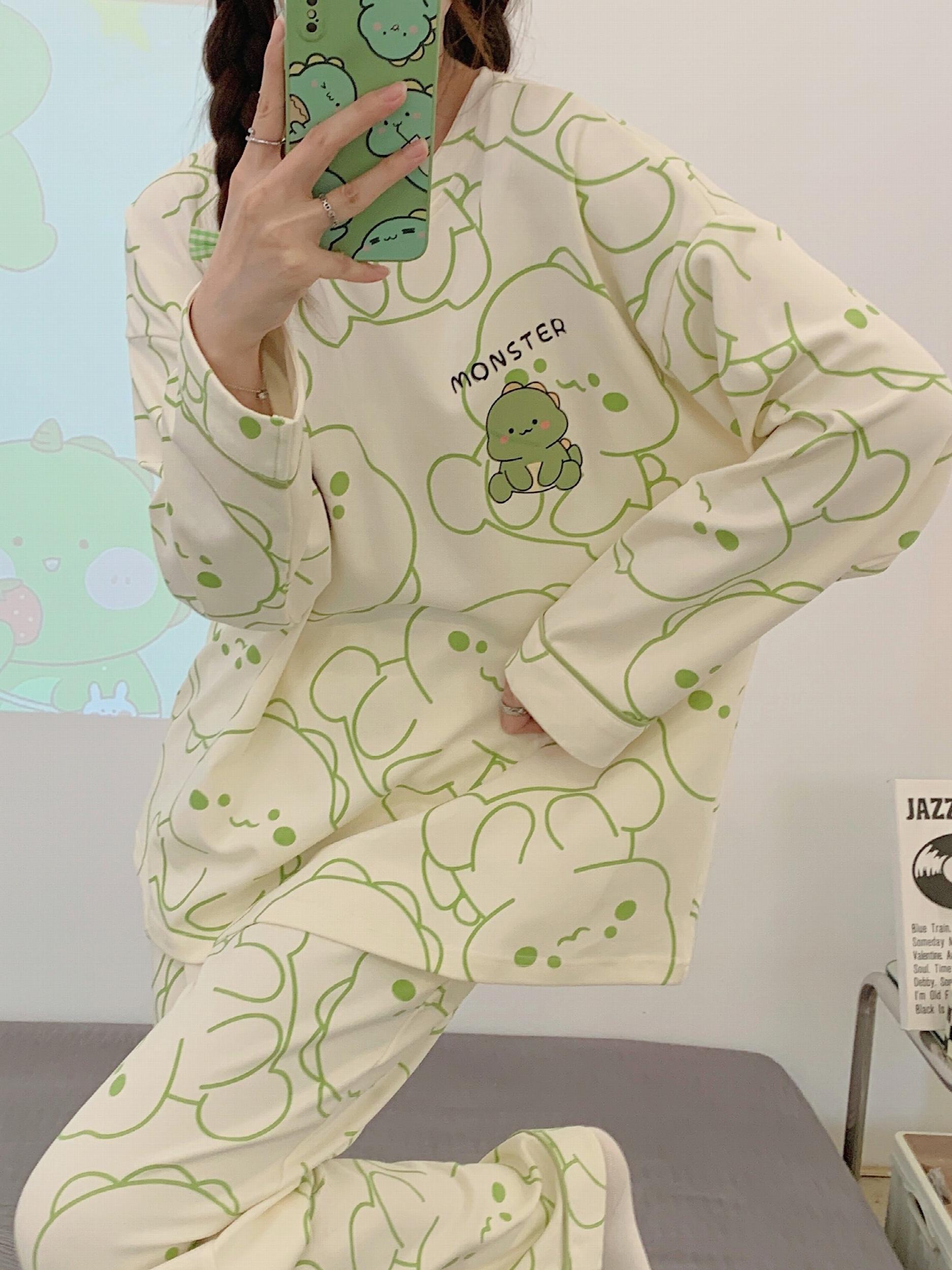 Dino Print Pajama Set Long Sleeve Top & Pants Women's Sleepwear