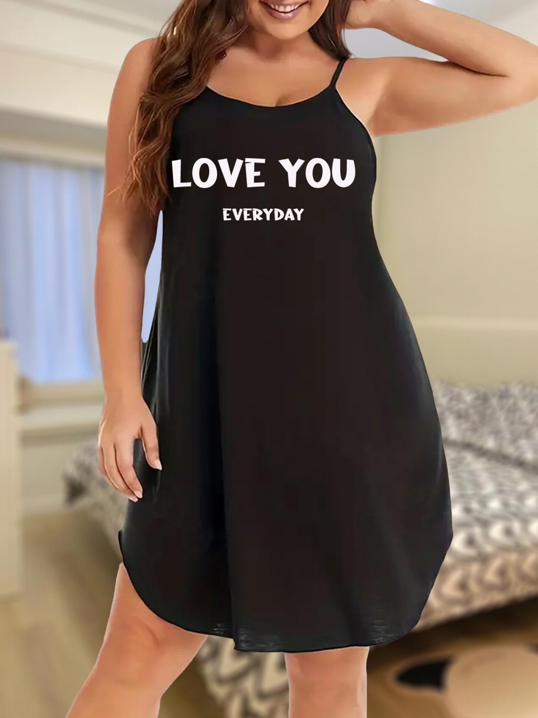  Women's Nightdress Slogan Print Round Neck Cami Sleep Dress