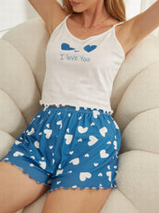 Heart Print Pajama Set Crew Neck Cami Top & Elastic Waistband Shorts