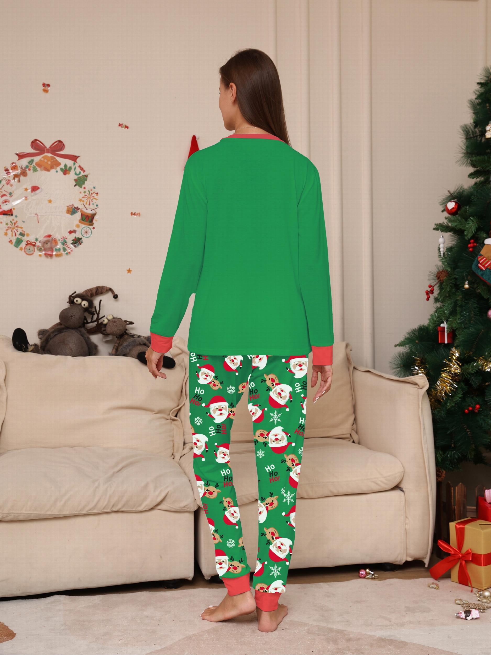 Christmas Santa Print Pajama Set Long Sleeve Crew Neck Top & Pants Women's Sleep