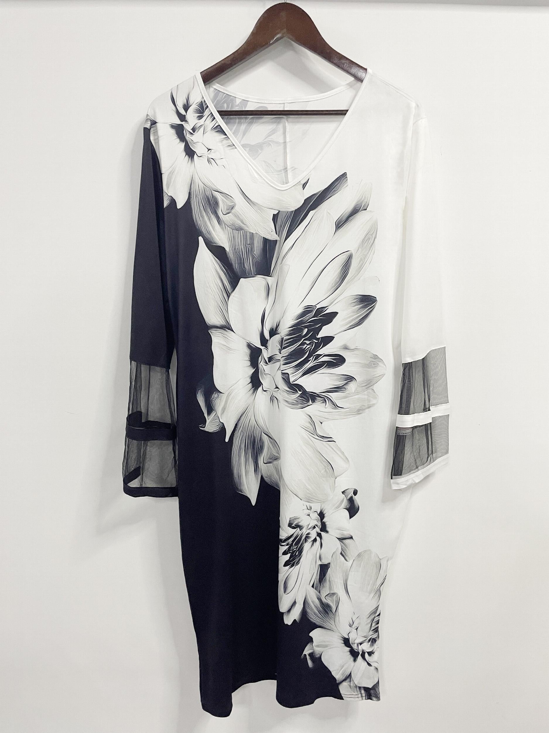  Colorblock Floral Print Mesh Midi Dress
