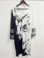  Colorblock Floral Print Mesh Midi Dress