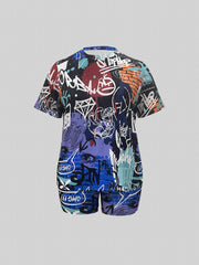  Graffiti Print Top & Shorts Set