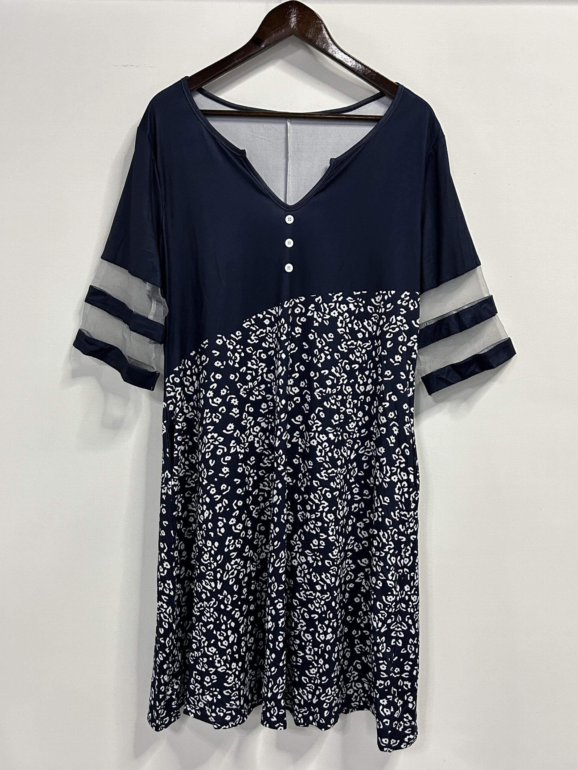  Boho Dress Colorblock Floral Print Mesh Sleeve Stretch Dress