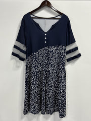  Boho Dress Colorblock Floral Print Mesh Sleeve Stretch Dress