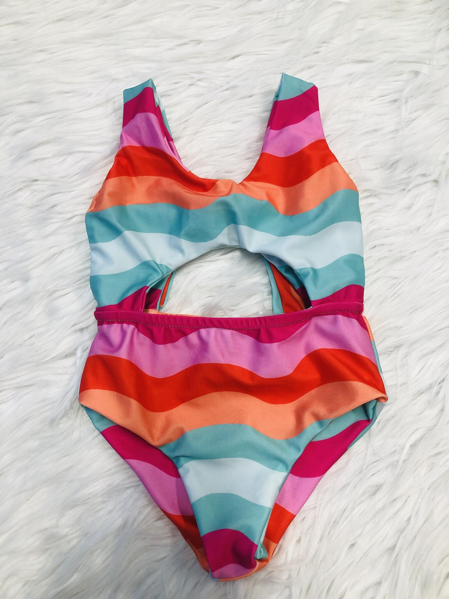 Girls Stripe Print One Piece Swimsuit Sleeveless Tankini