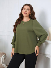  Casual Blouse Solid Puff Sleeve Keyhole Round Neck Top