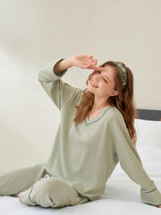 Solid Pajama Set Long Sleeve V Neck Top & Elastic Waistband Pants