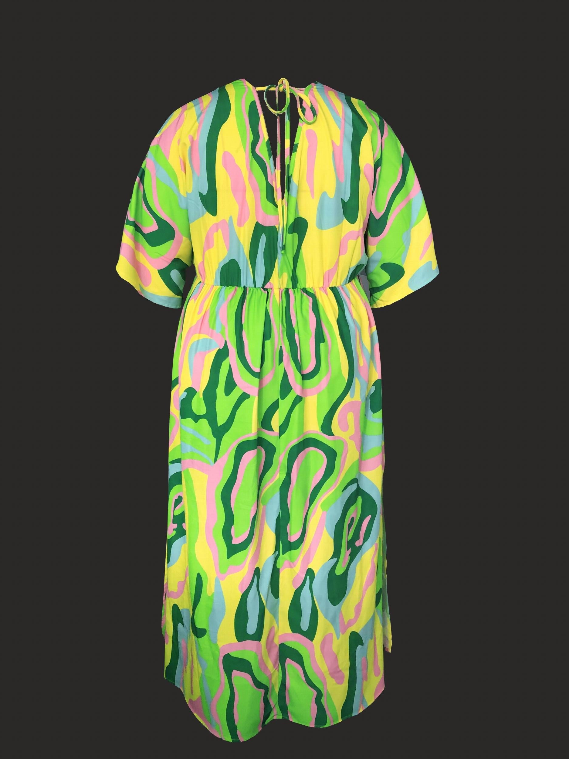  Maxi Dress - Stripe Print Batwing Sleeve V Neck Tie Back