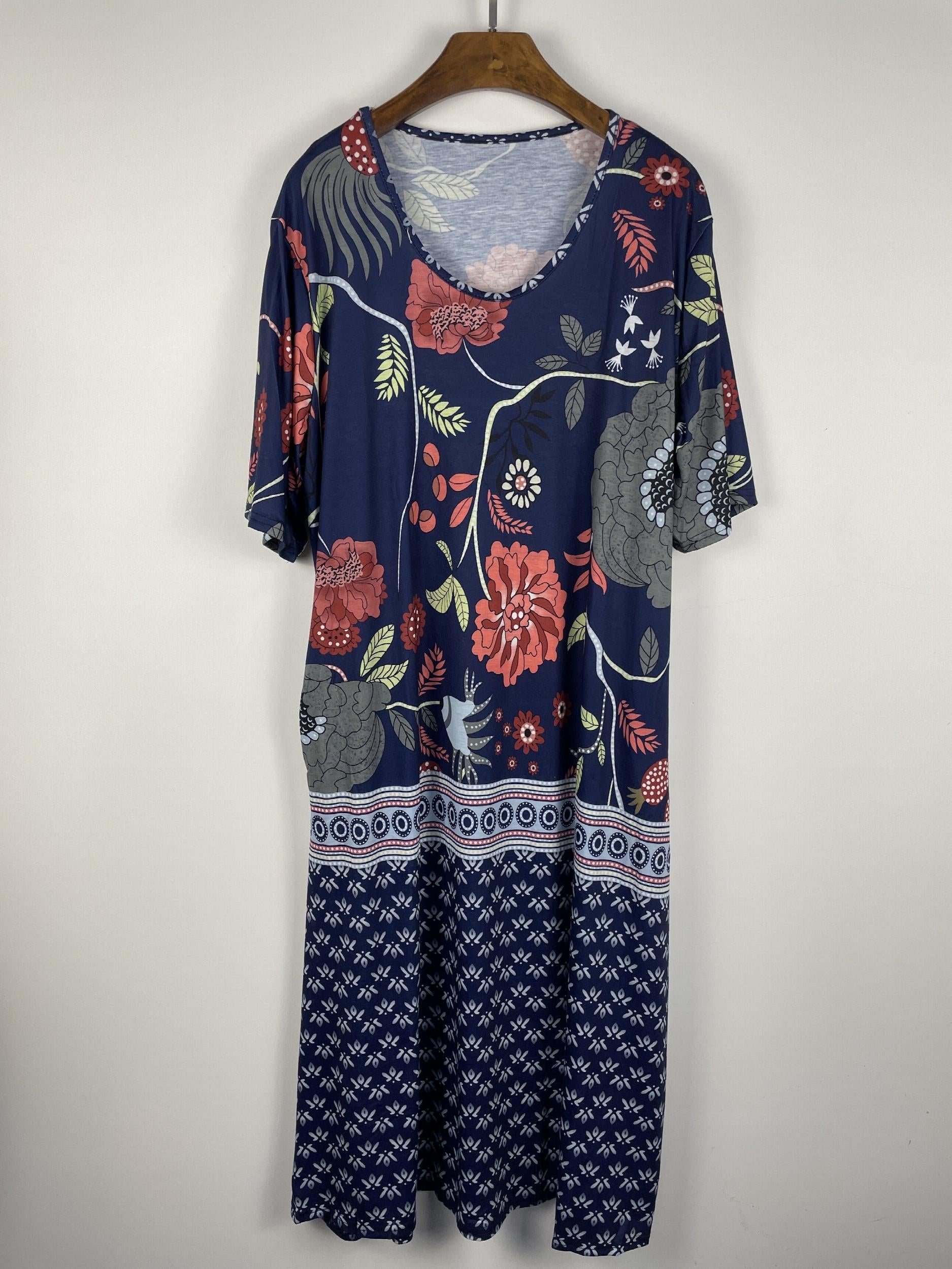  Floral Print Short Sleeve Round Neck Dress With Pockets