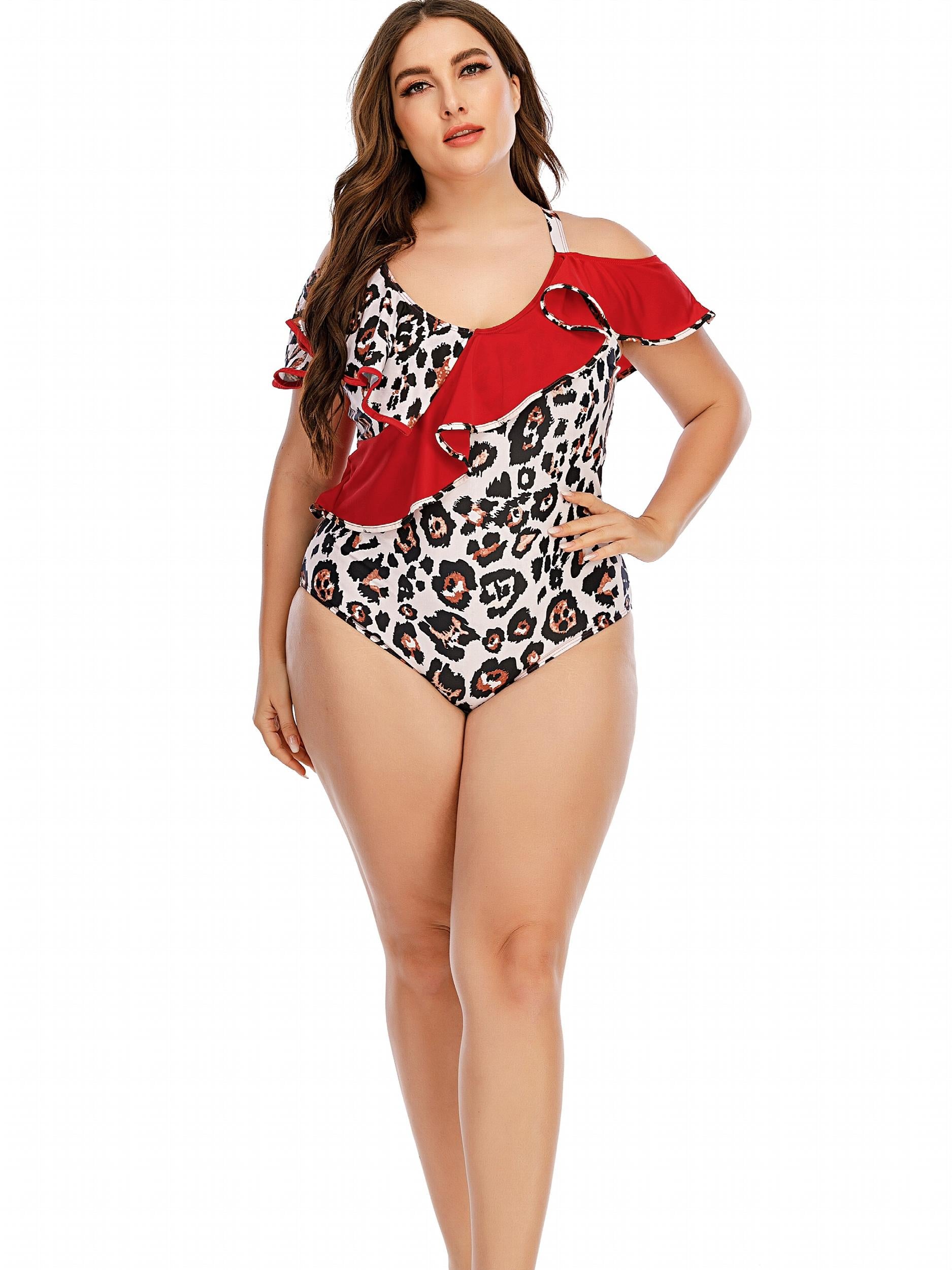  Leopard Print Ruffle One Piece Swimsuit