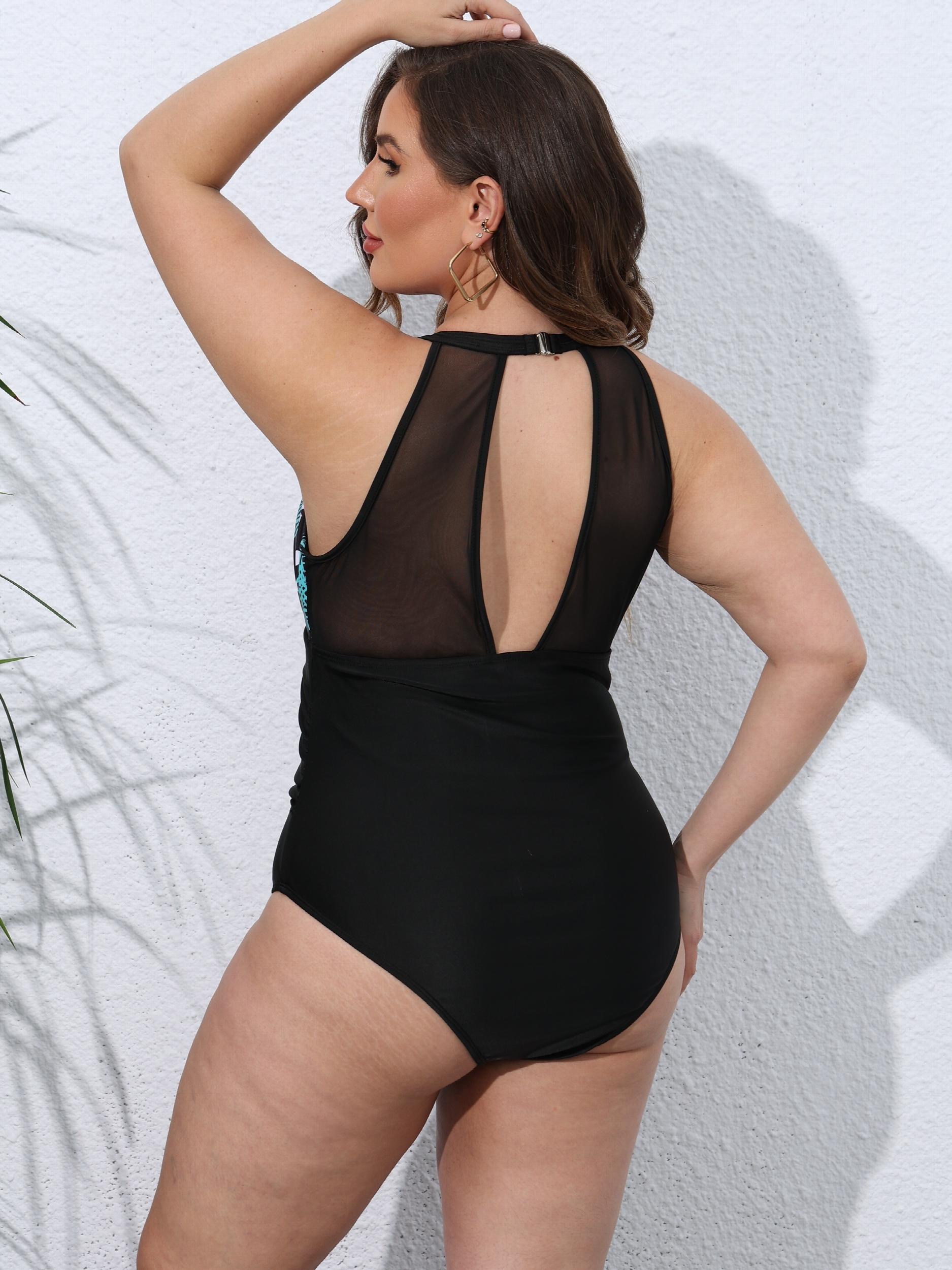  Colorblock Tropical Mesh Halter One Piece Swimsuit