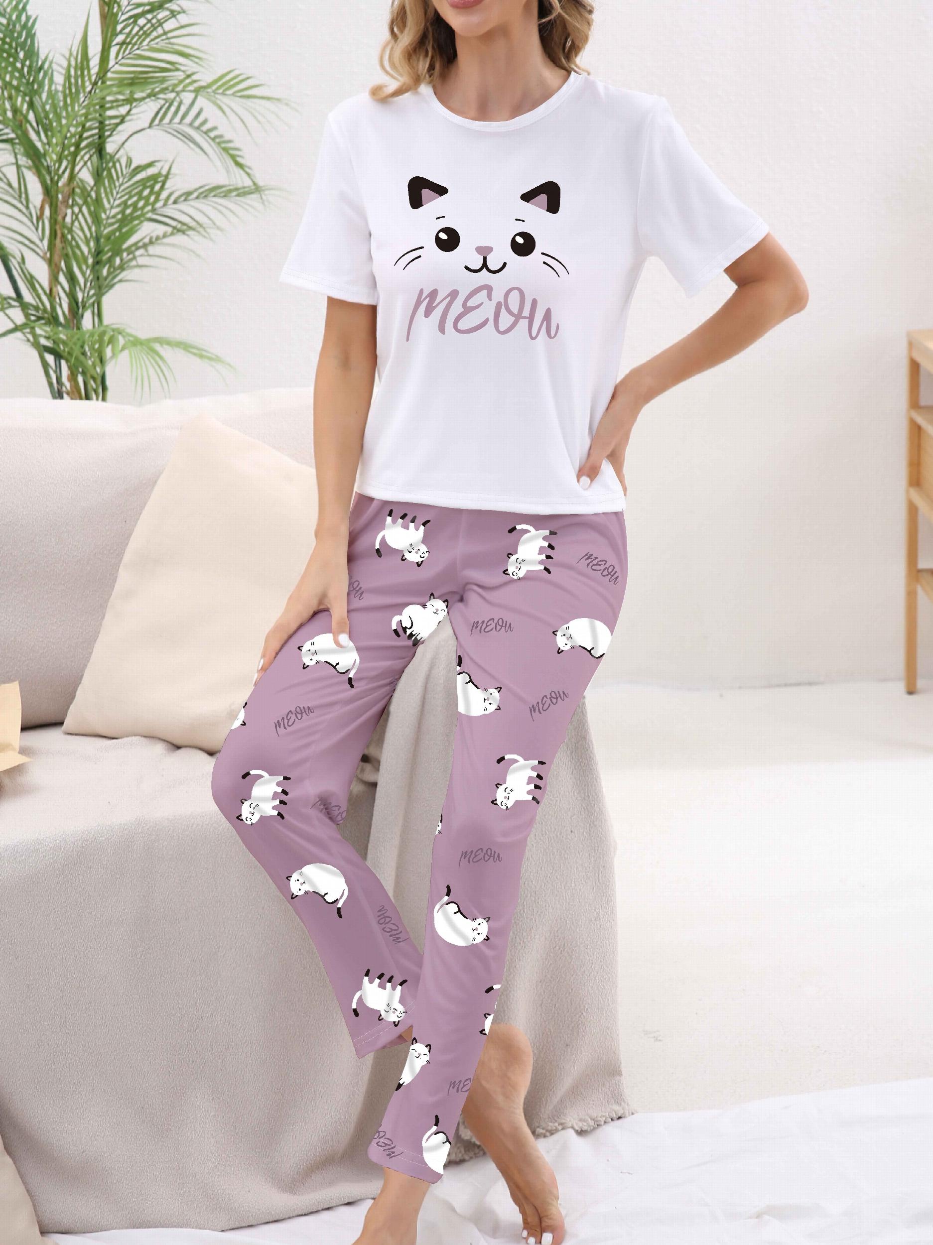 Cat Print Pajama Set Short Sleeve Crew Neck Top & Pants Women's Sleepwear