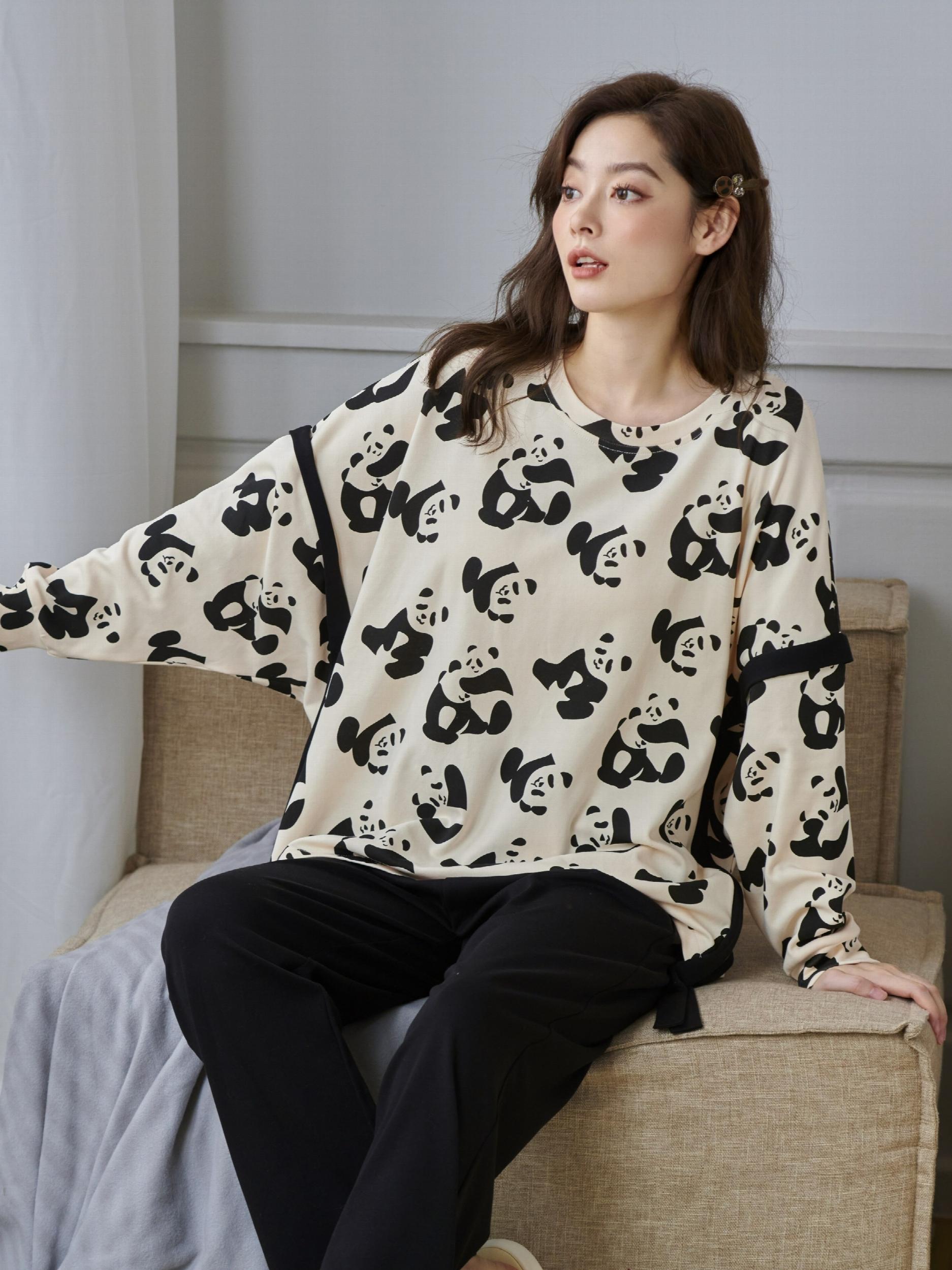 Panda Print Pajama Set Long Sleeve Crew Neck Top & Pants