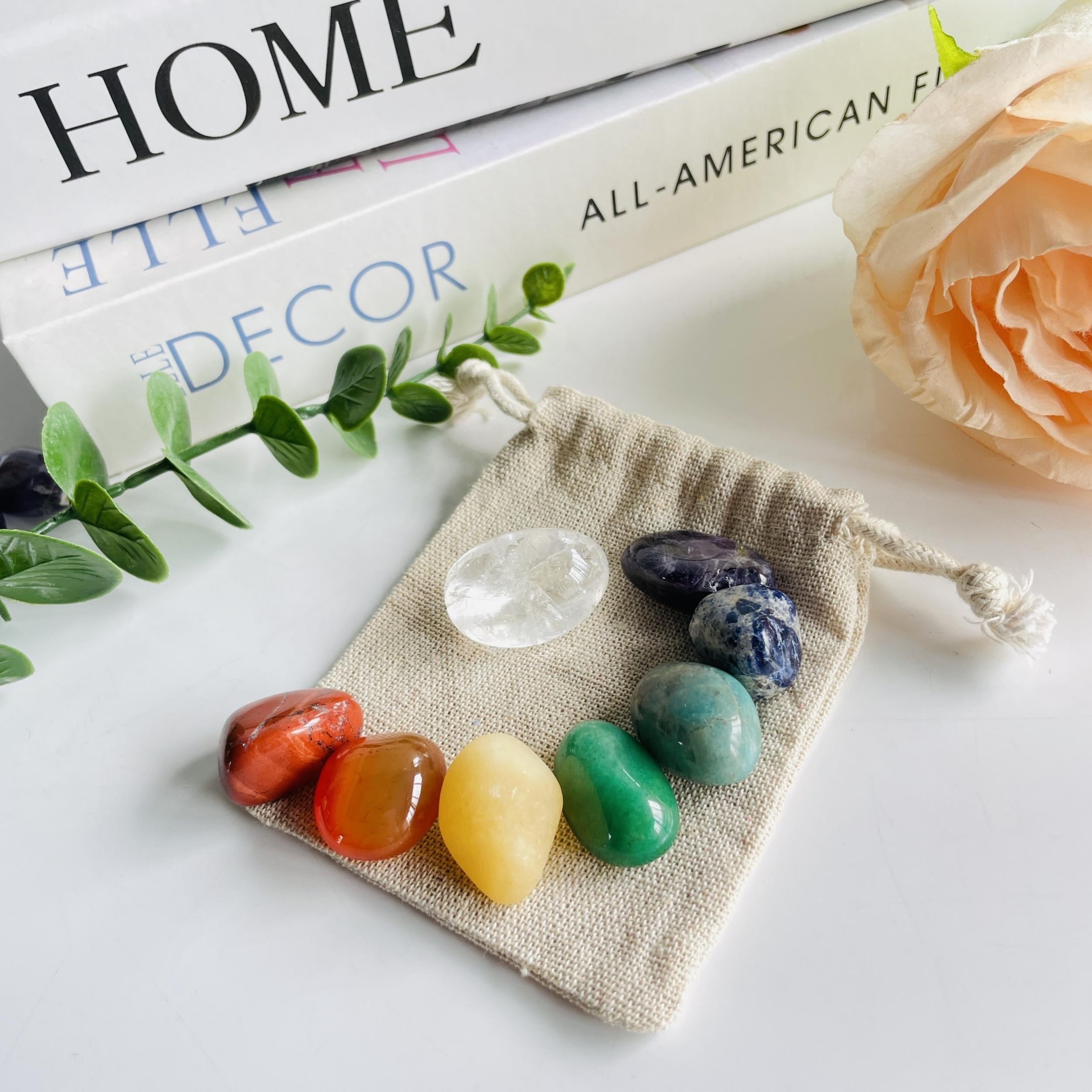 8pcs Tumble Gemstones & Bag Crystal Set - Perfect Portable Daily Healing Crystal