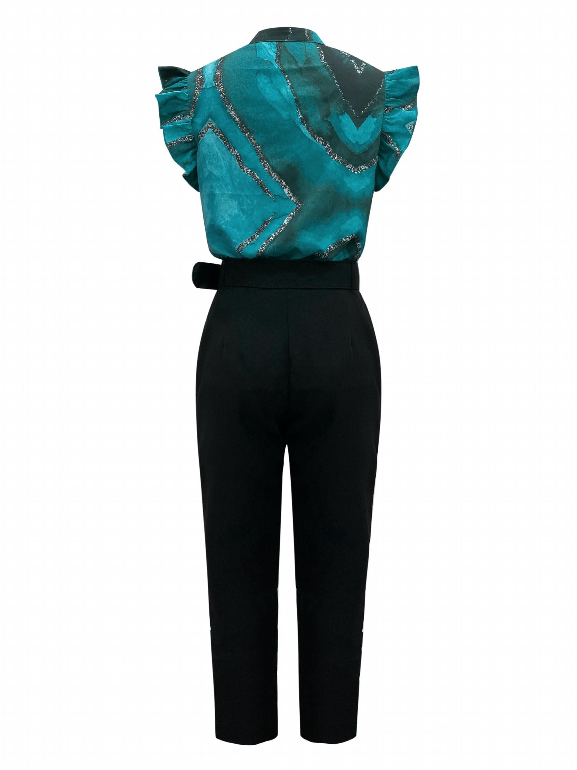 Marble Print Ruffle Trim Top & Solid Tucked Pants Set