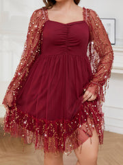  Party Dress Women's Sequin Mesh Long Sleeve Sweetheart Neck