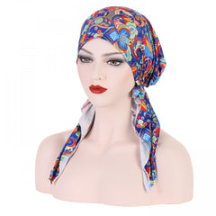 Flower Print Boho Turban Cap Lace Up Headwrap Beanie