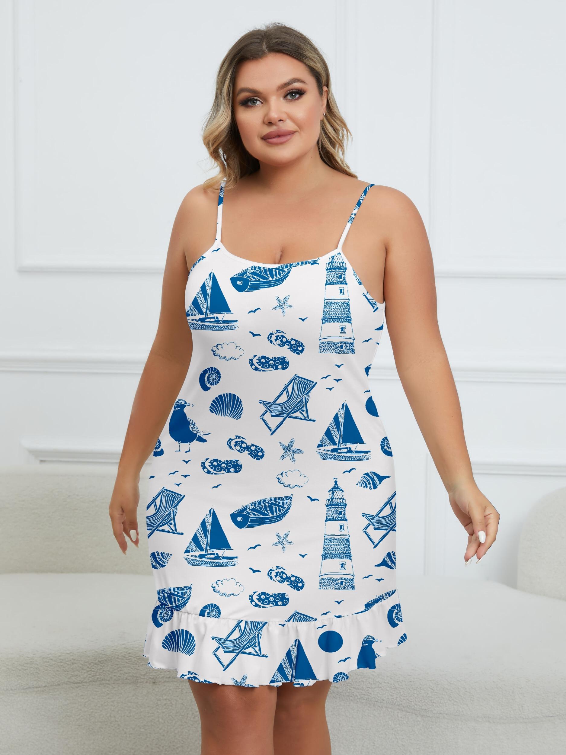  Boho Loungewear Dress - Beach Print Ruffle Trim Sleep Dress