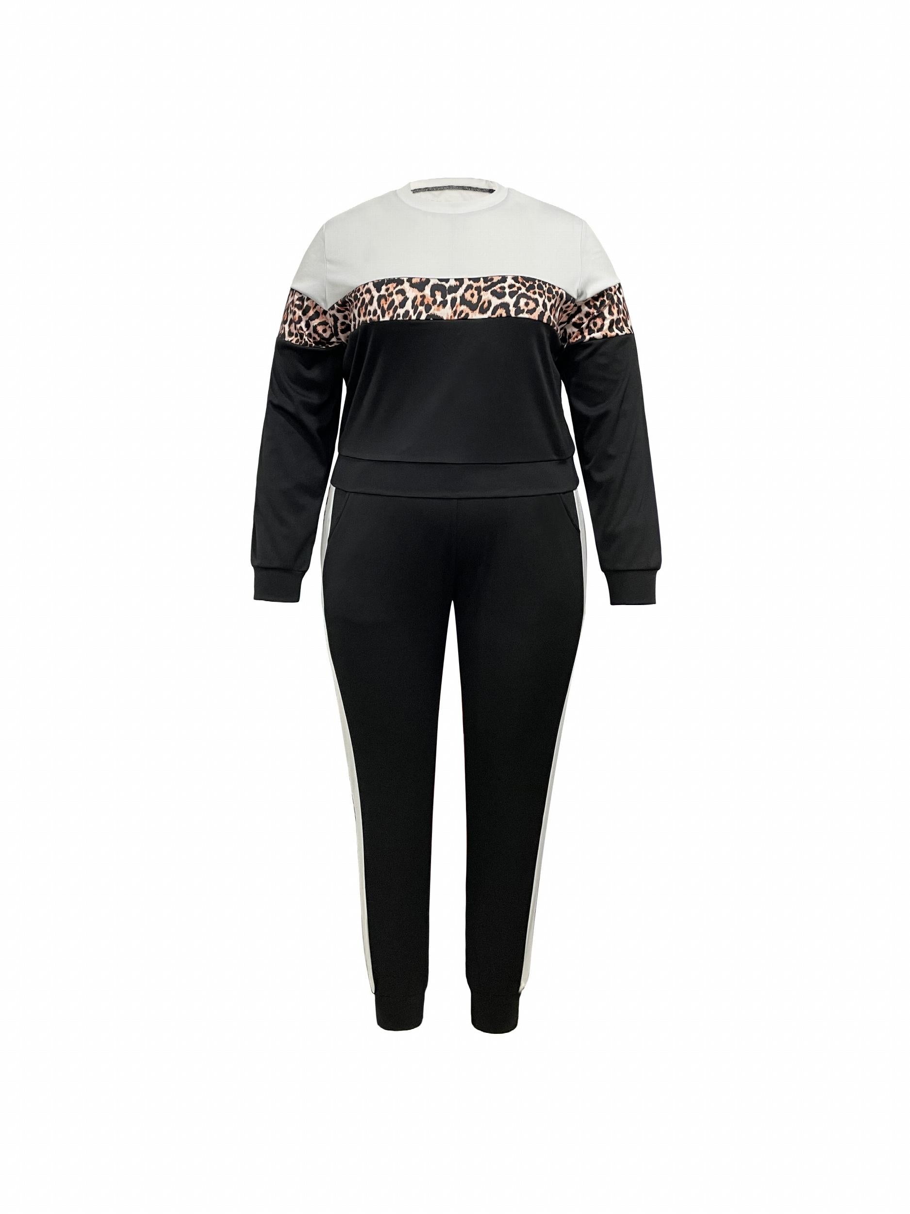  Colorblock Leopard Print Top & Pants Set