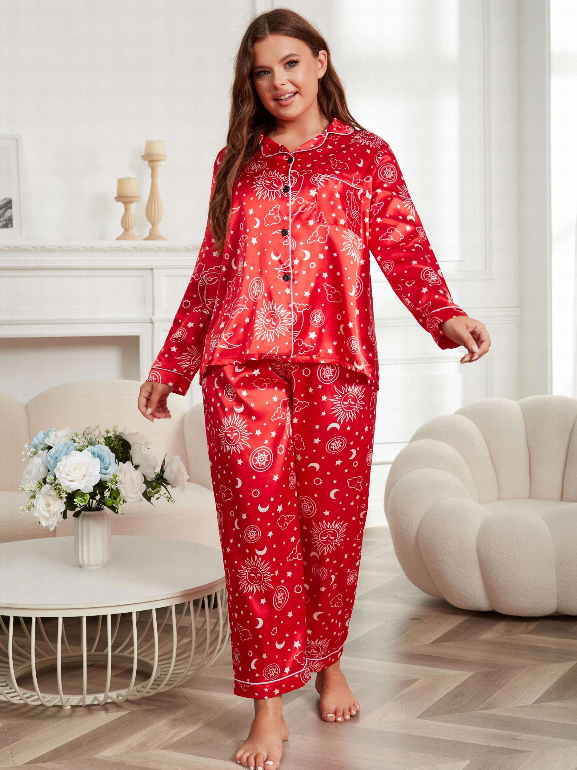  Satin Sun & Star Print Pajama Set